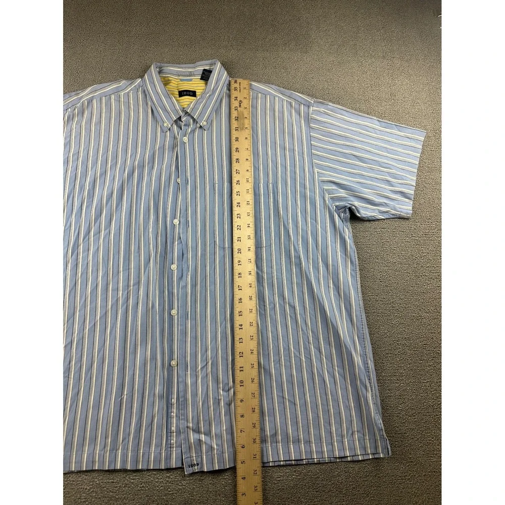 Y2K IZOD Button Front‎ Shirt Men XXL Blue White Striped Cotton Short Sleeve Work